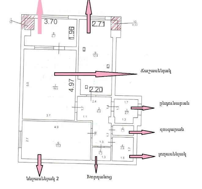 2 Սենյականոց Բնակարան, 65քմ, 1/9 հարկ, Պետական Վիճակում