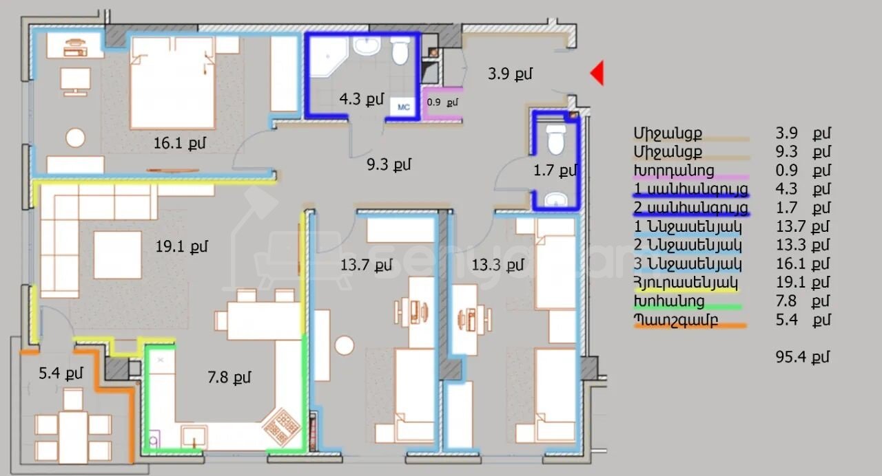 4 Սենյականոց Բնակարան, 95քմ, 9/14 հարկ, Պետական Վիճակում