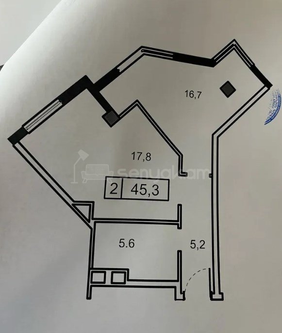 2 Սենյականոց Բնակարան, 45քմ, 2/12 հարկ, Զրոյական Վիճակում