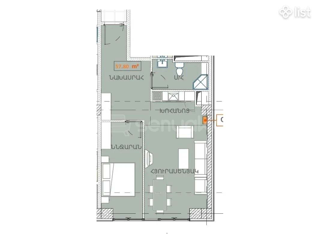 2 Սենյականոց Բնակարան, 58քմ, 5/19 հարկ, Պետական Վիճակում