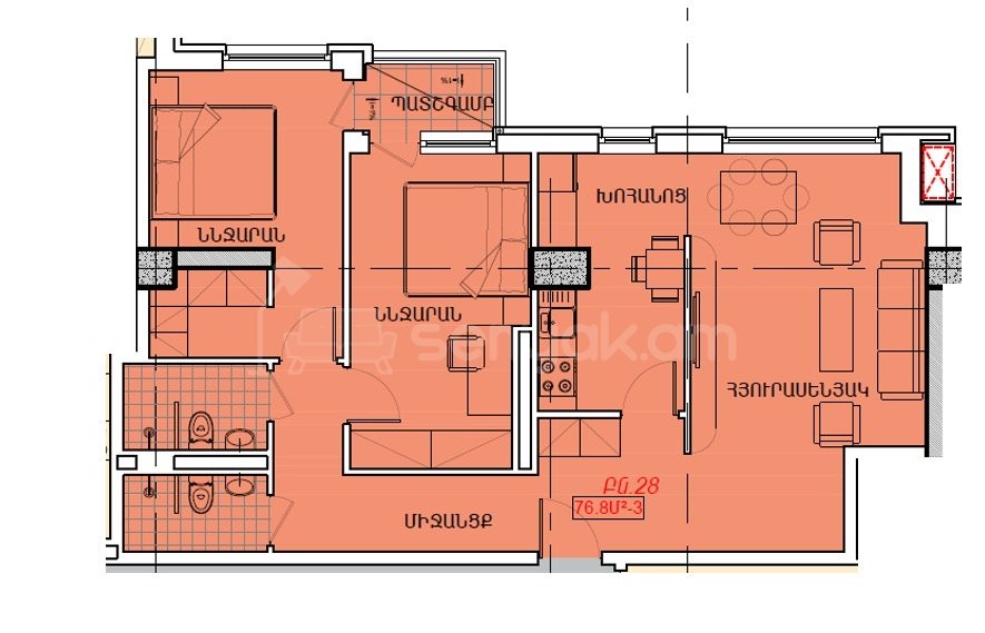3 Սենյականոց Բնակարան Նորակառույցում, 77քմ, 5/12 հարկ, Զրոյական Վիճակում