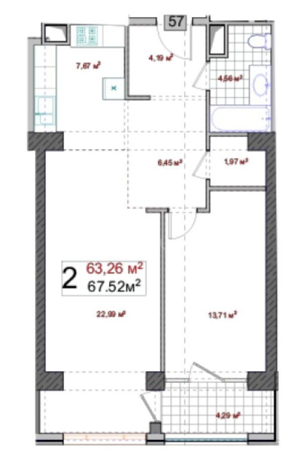 2 Սենյականոց Բնակարան Նորակառույցում, 66քմ, 15/19 հարկ, Զրոյական Վիճակում
