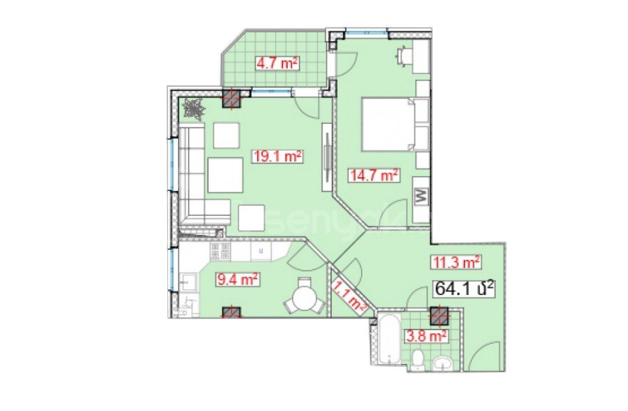2 Սենյականոց Բնակարան Նորակառույցում, 64քմ, 3/13 հարկ, Զրոյական Վիճակում