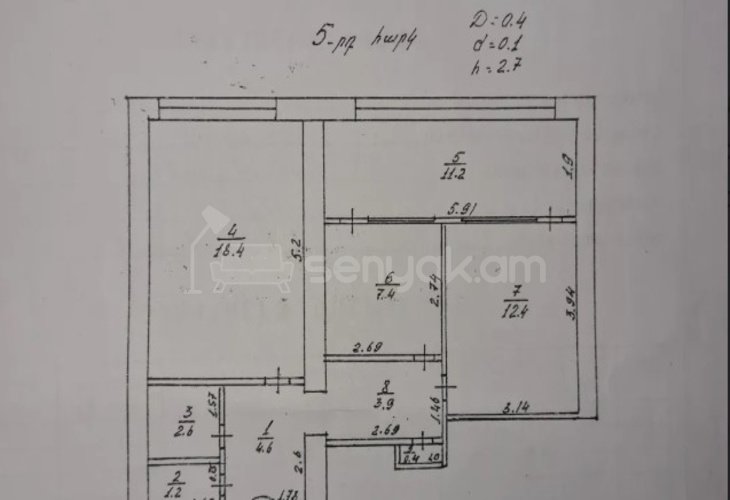 2 Սենյականոց Բնակարան Քարե Շենքում, 62քմ, 5/9 հարկ, Պետական Վիճակում