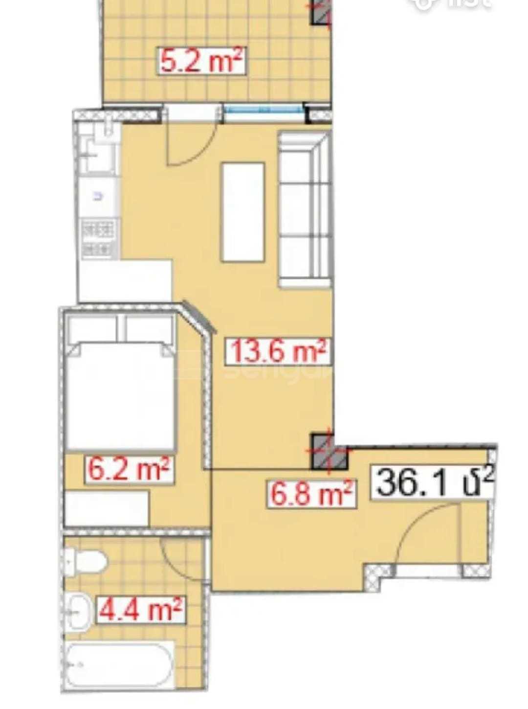 1 Սենյականոց Բնակարան, 36քմ, 3/13 հարկ, Զրոյական Վիճակում