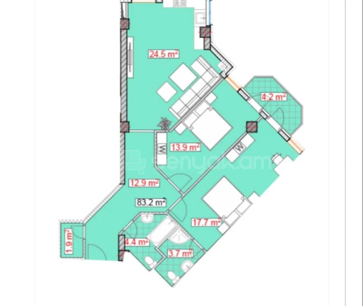 3 Սենյականոց Բնակարան, 84քմ, 14/22 հարկ, Զրոյական Վիճակում