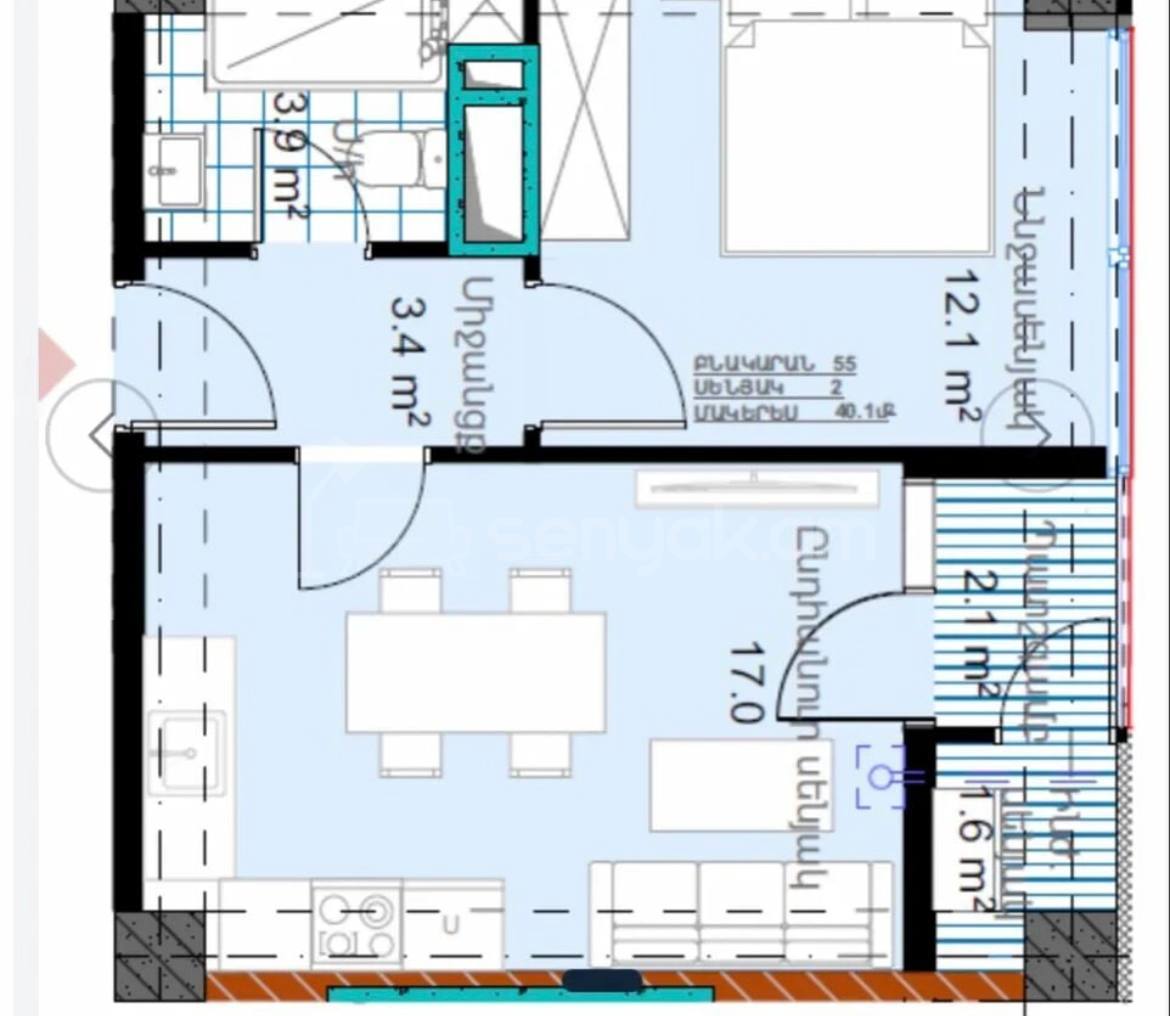 2 Սենյականոց Բնակարան, 40քմ, 10/18 հարկ, Զրոյական Վիճակում