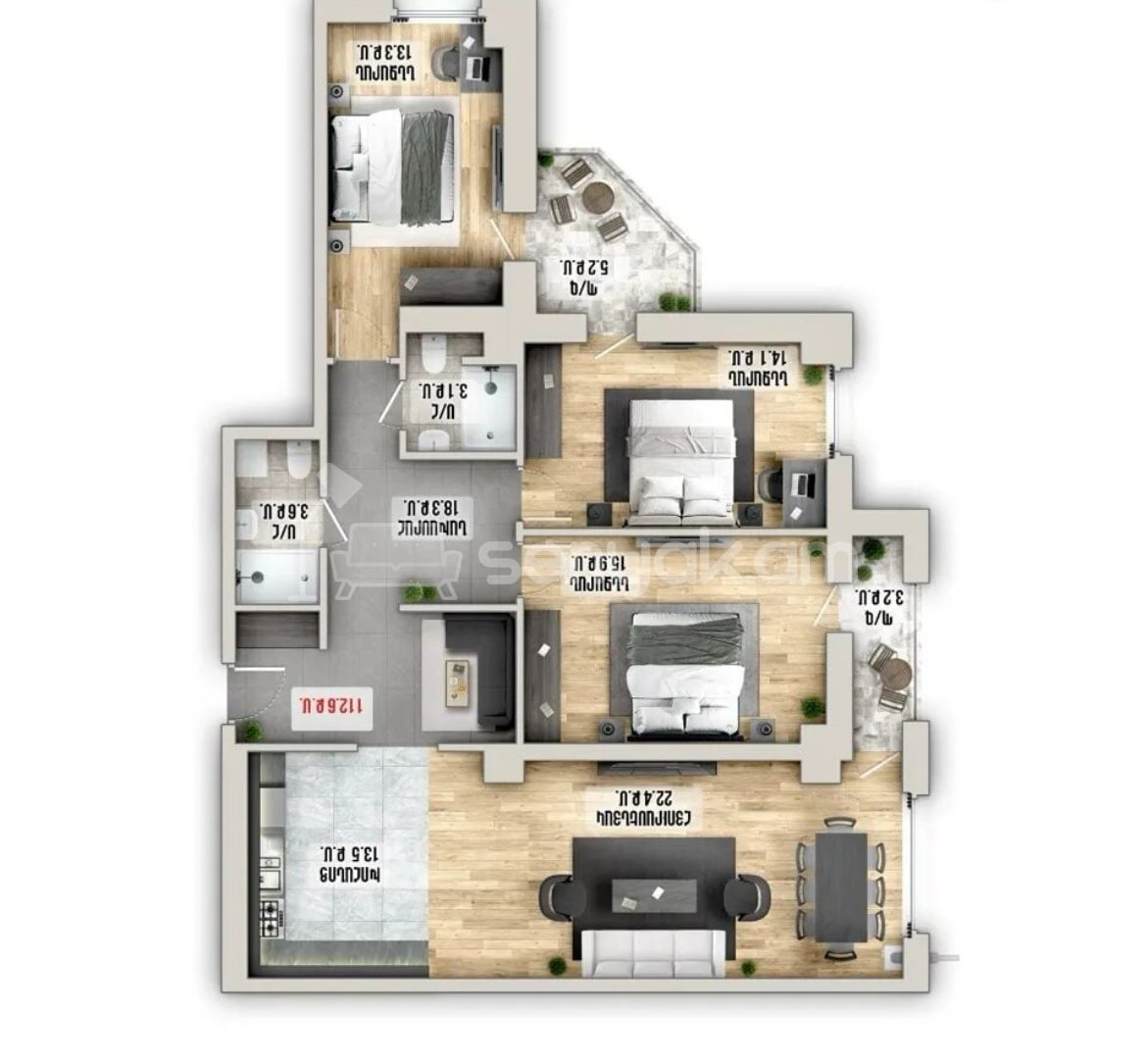 4 Սենյականոց Բնակարան, 112քմ, 3/16 հարկ, Զրոյական Վիճակում