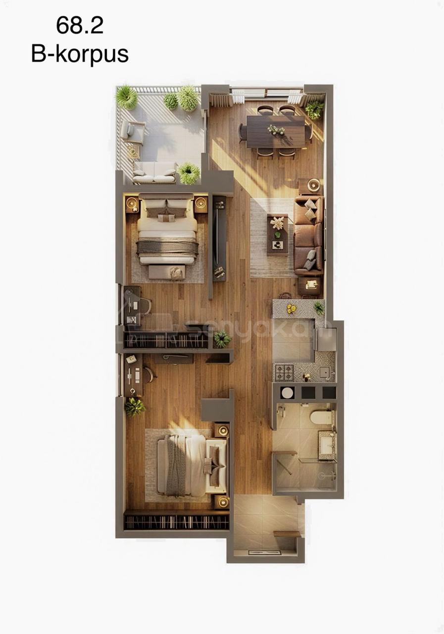 2 Սենյականոց Բնակարան Նորակառույցում, 68քմ, 4/8 հարկ, Զրոյական Վիճակում