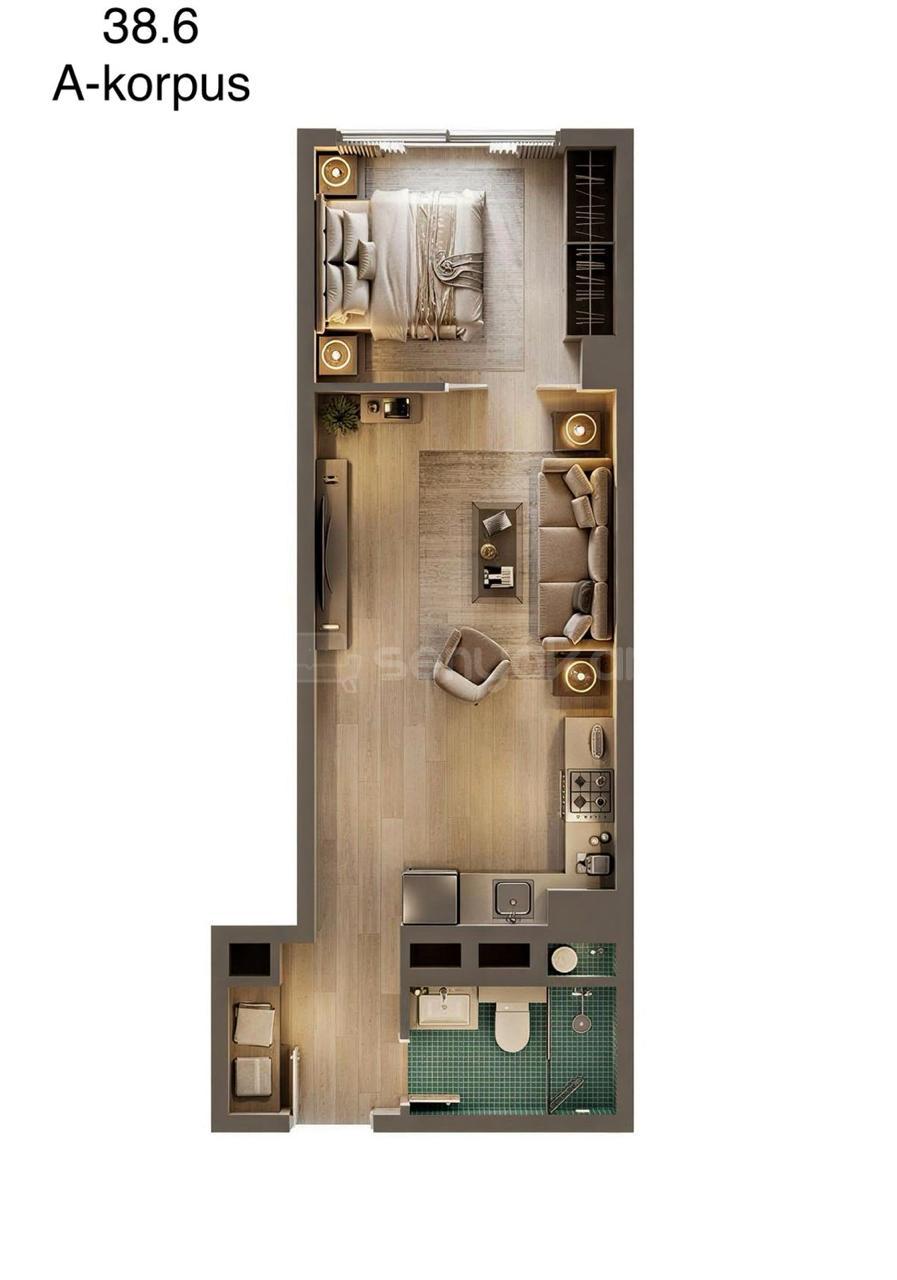 1 Սենյականոց Բնակարան Նորակառույցում, 38քմ, 2/9 հարկ, Զրոյական Վիճակում