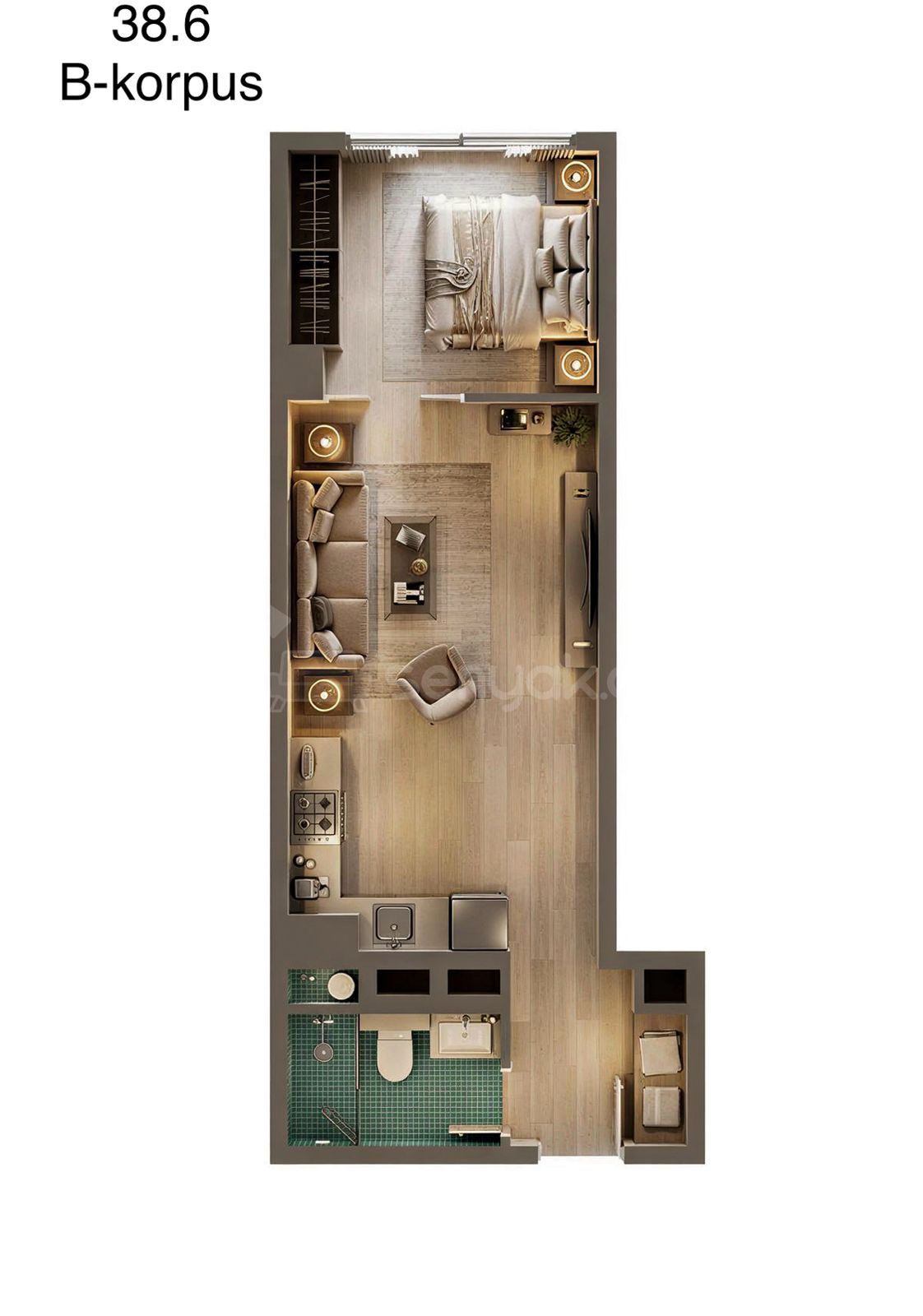 1 Սենյականոց Բնակարան Նորակառույցում, 38քմ, 2/8 հարկ, Զրոյական Վիճակում