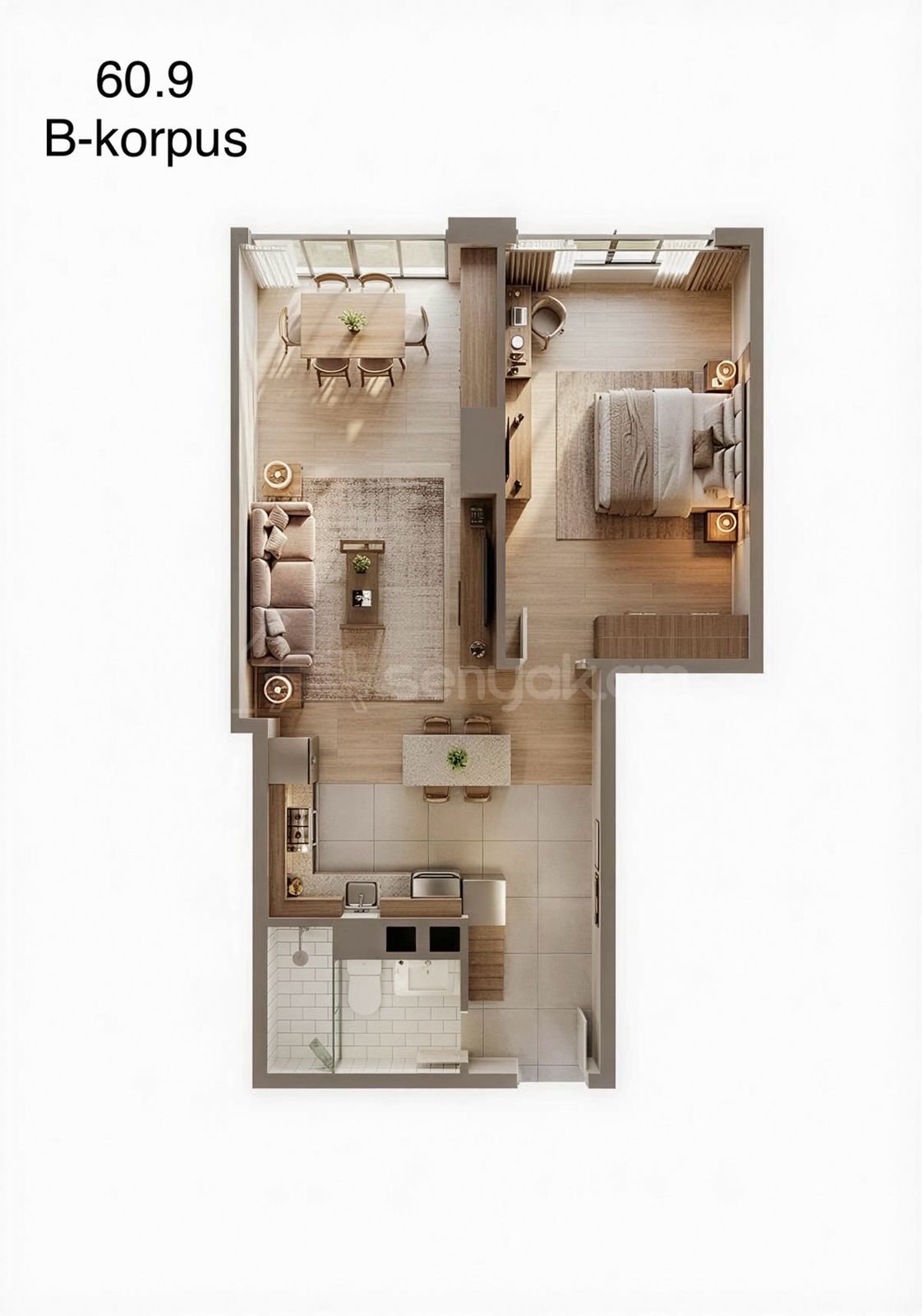 2 Սենյականոց Բնակարան Նորակառույցում, 61քմ, 3/8 հարկ, Զրոյական Վիճակում