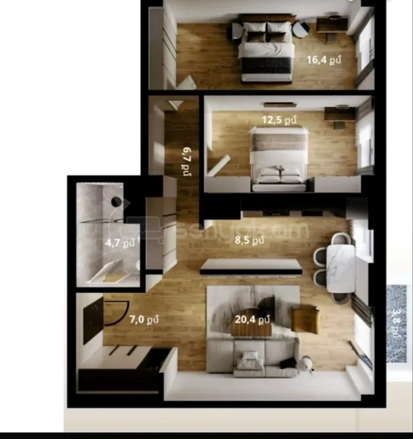 3 Սենյականոց Բնակարան Նորակառույցում, 81քմ, 8/12 հարկ, Զրոյական Վիճակում