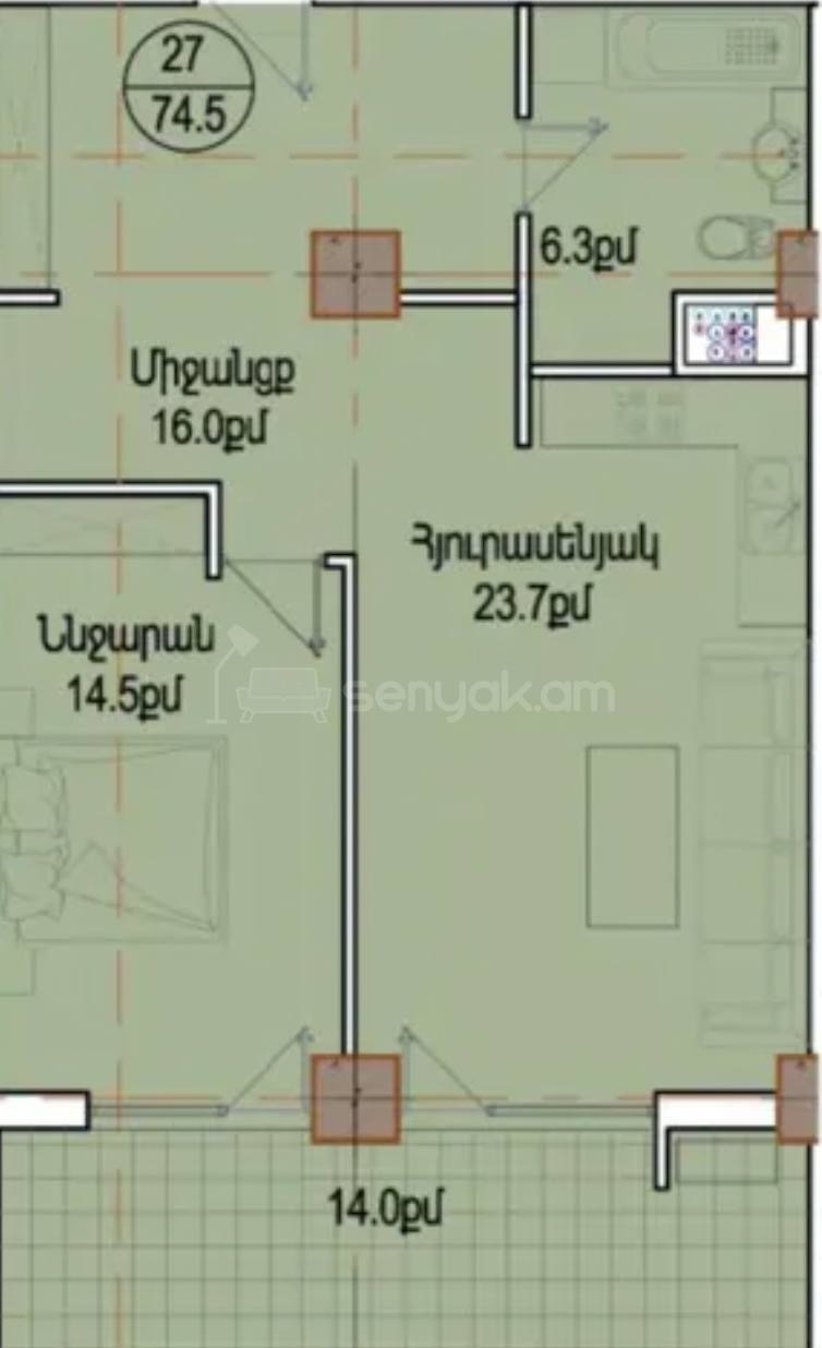 2 Սենյականոց Բնակարան, 75քմ, 5/16 հարկ, Զրոյական Վիճակում