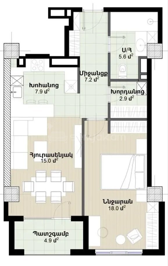 2 Սենյականոց Բնակարան Նորակառույցում, 63քմ, 5/16 հարկ, Զրոյական Վիճակում