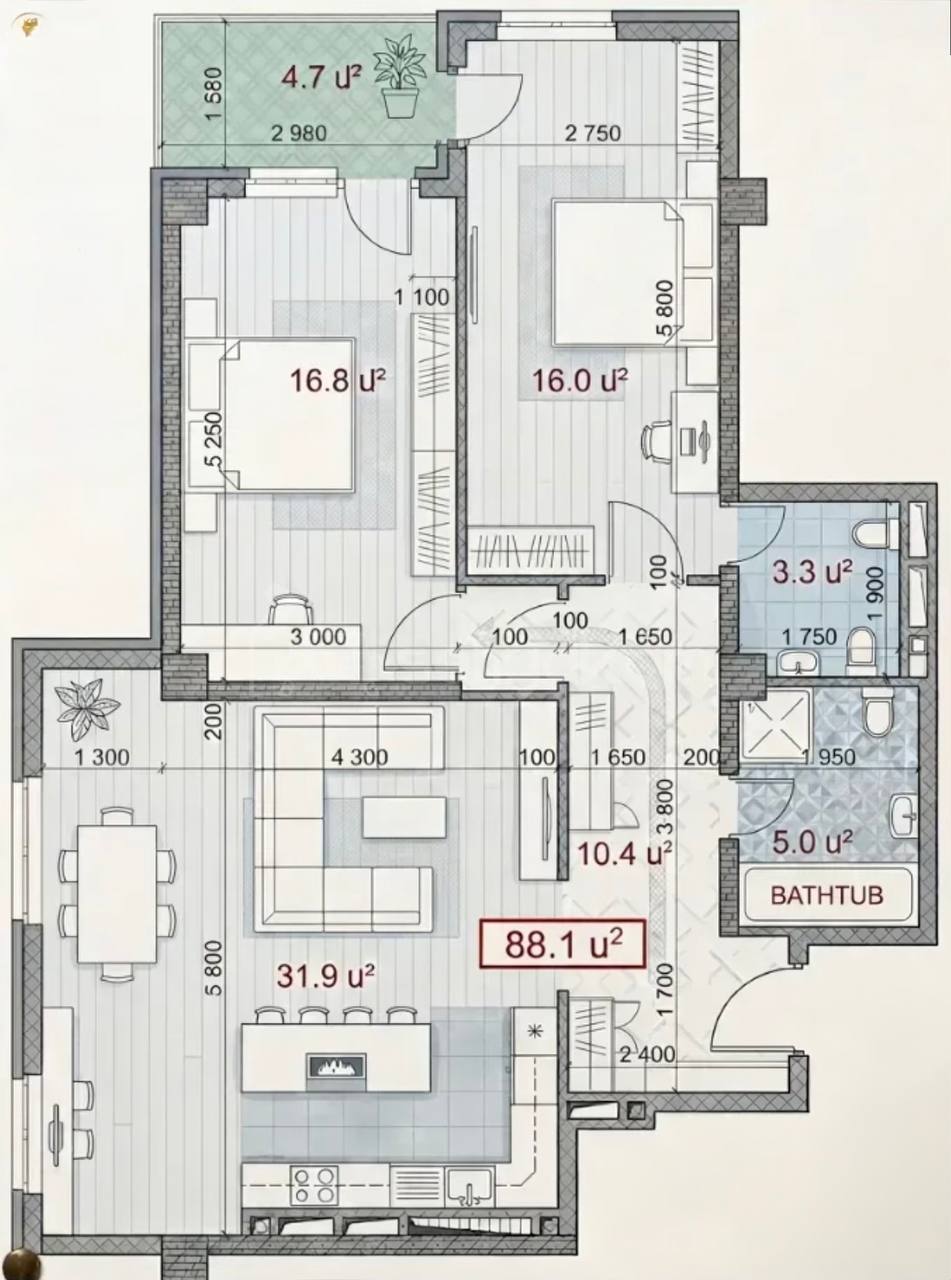 3 Սենյականոց Բնակարան, 88քմ, 4/13 հարկ, Զրոյական Վիճակում